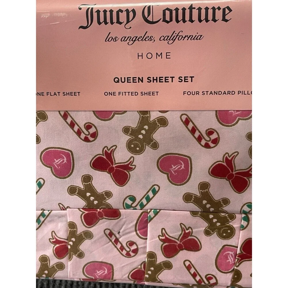 Juicy Couture Pink Christmas Peppermint Gingerbread Queen Sheet Set 6 Piece NEW